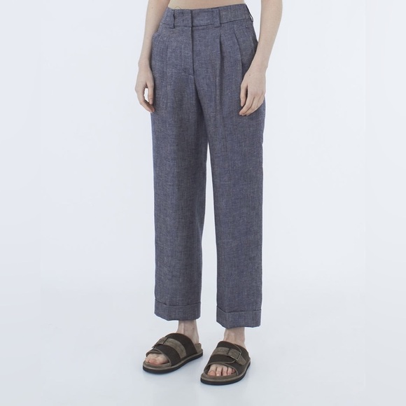 PESERICO Tailored 100% Linen Wide Leg Pleated Cuffed Trousers - Picture 3 of 13